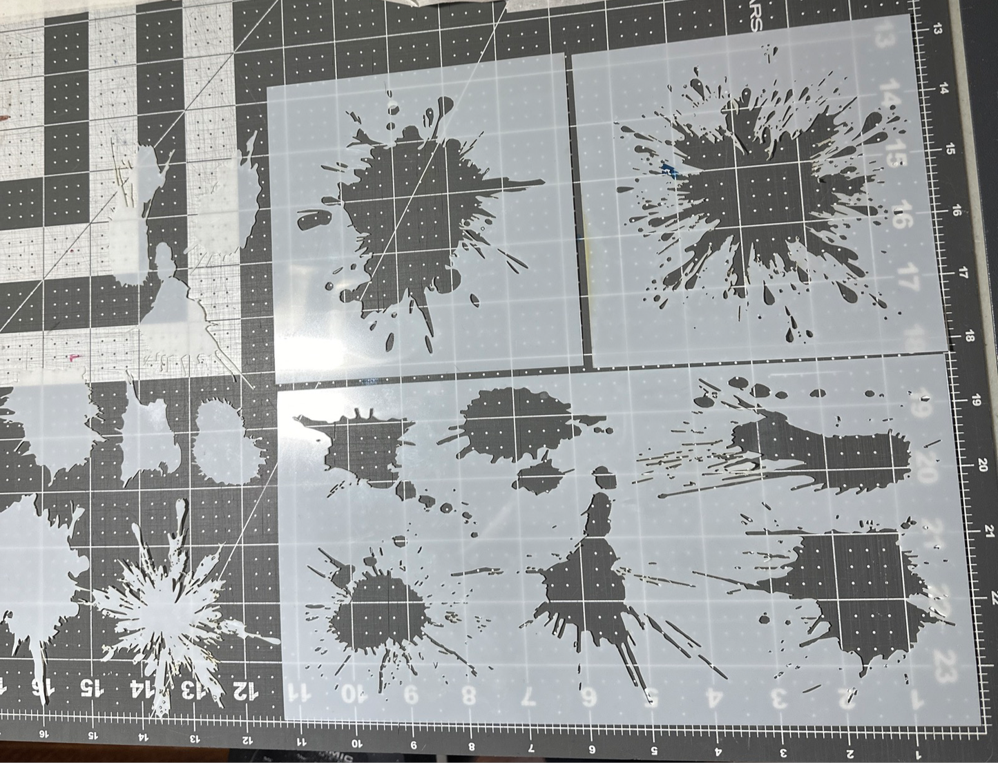 Paint Splatter 3pc Set AIRBRUSH Paint STENCILS Mylar Stencil Pack 8 Designs + 8 cutouts