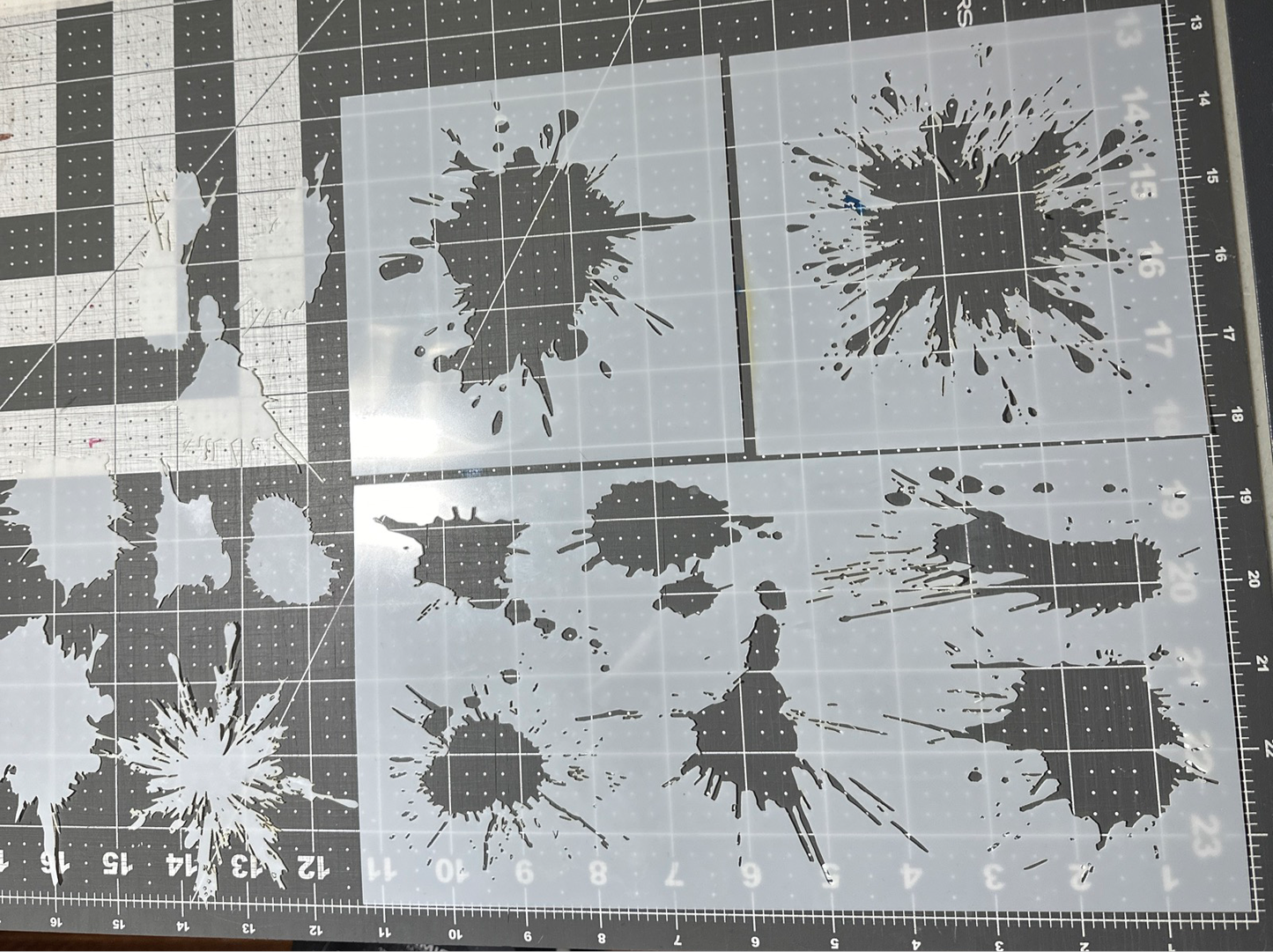 Paint Splatter 3pc Set AIRBRUSH Paint STENCILS Mylar Stencil Pack 8 Designs + 8 cutouts