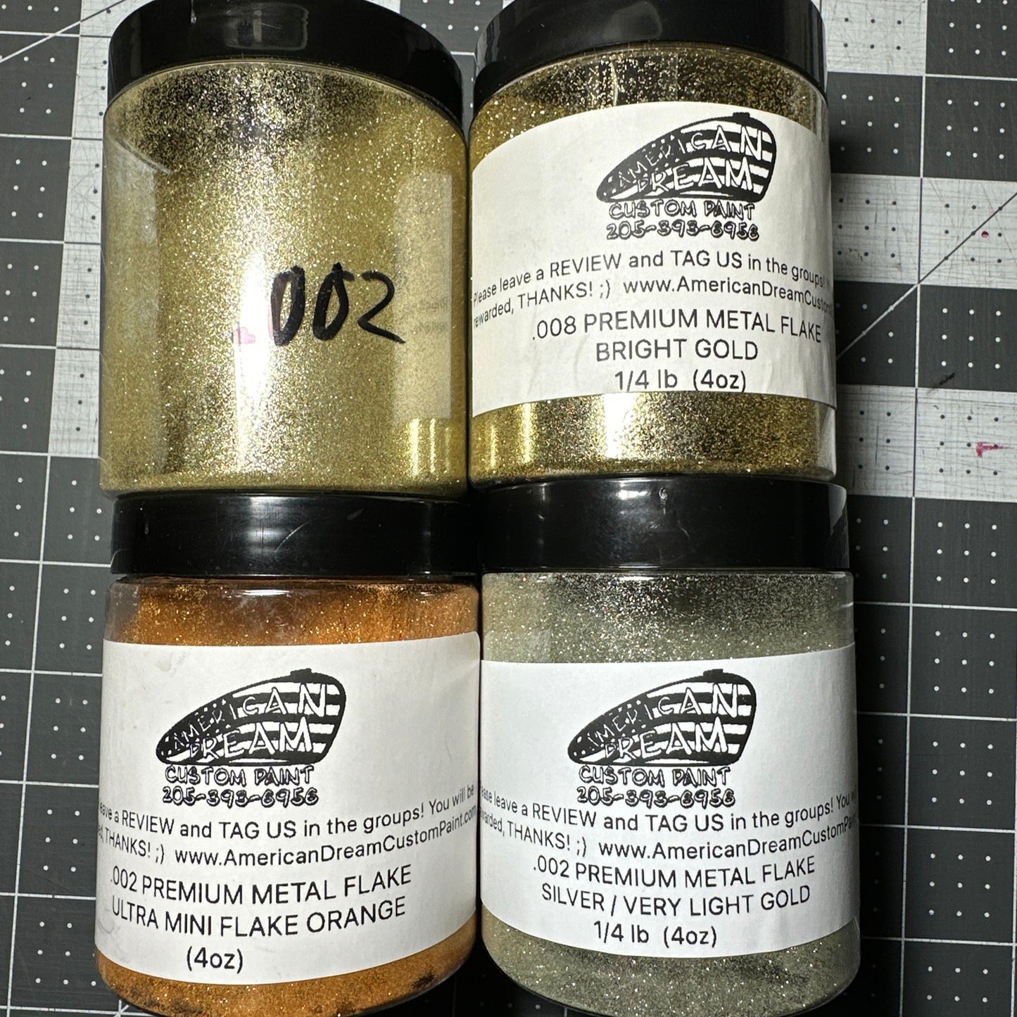 4 Jar ULTRA MINI Metal FLAKE Assortment 4oz each, .002” Orange, Gold, Silver / Lt Gold, .008”Gold