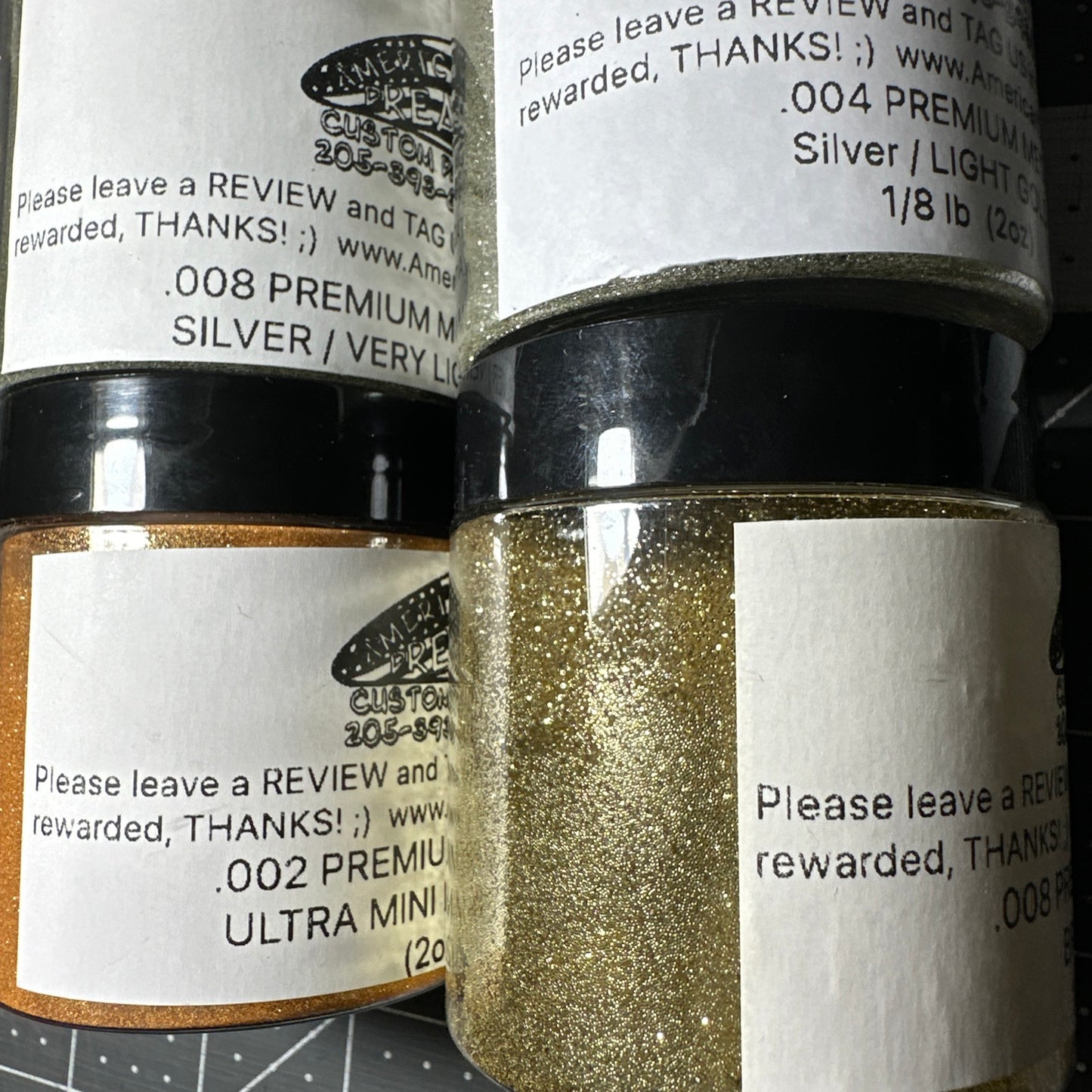 4 Jars Metal Flake 1/2Lb Assortment Silver Lt Gold, Gold, Orange .002 .004 .008