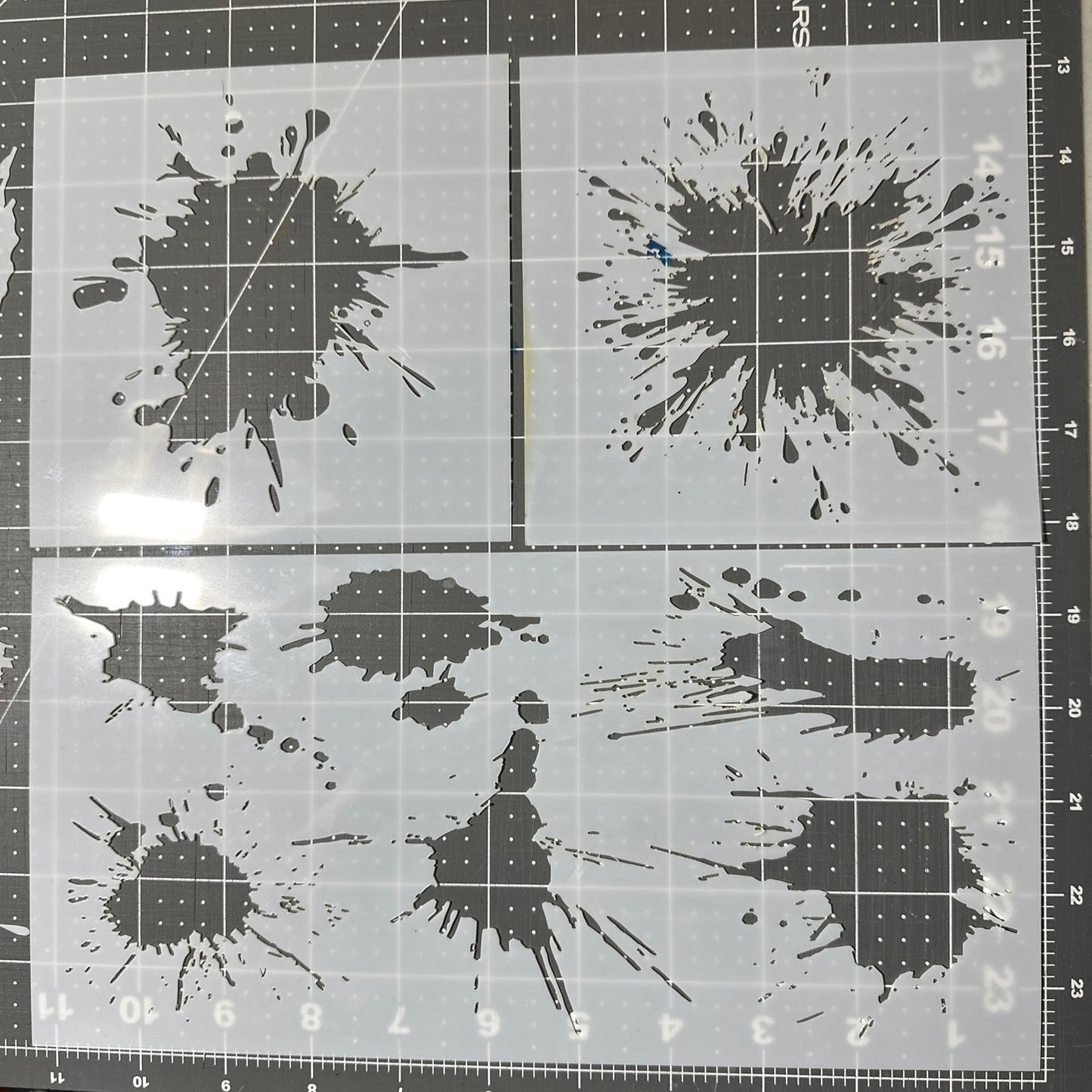 Paint Splatter 3pc Set AIRBRUSH Paint STENCILS Mylar Stencil Pack 8 Designs + 8 cutouts