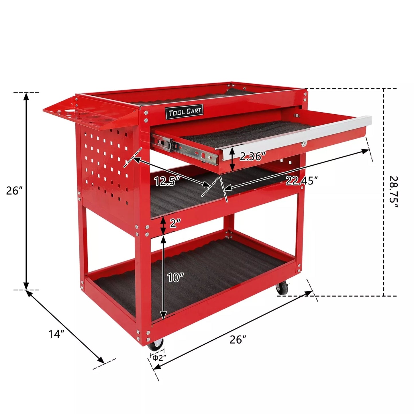 3 Tier Steel Rolling Tool / PREPPER CART, Heavy Duty Mechanic PAINTER w/ drawer, PEGBOARD SIDES, & Lockable Wheels