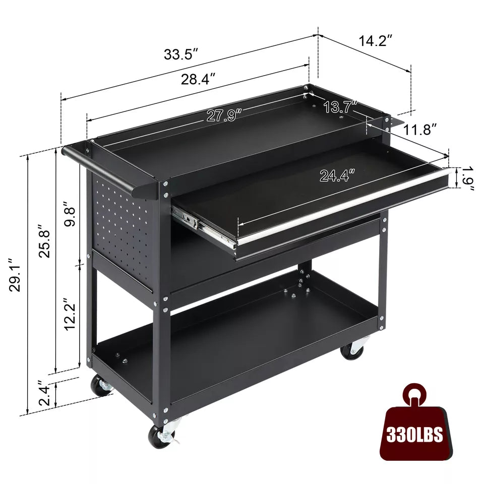 3 Tier Steel Rolling Tool / PREPPER CART, Heavy Duty Mechanic PAINTER w/ drawer, PEGBOARD SIDES, & Lockable Wheels