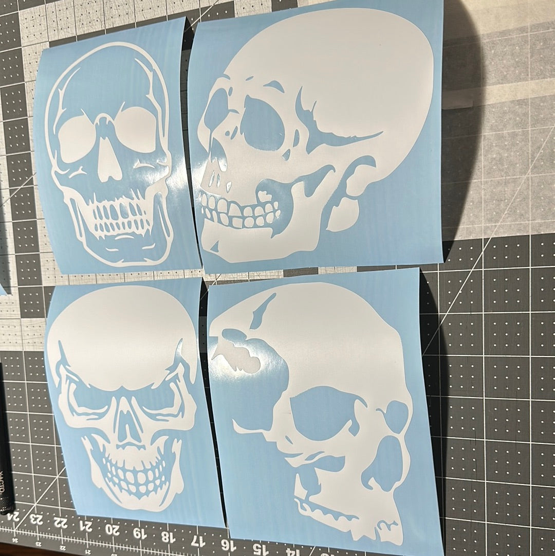 AIRBRUSH STENCILS 11x11” sheet , SKULLS #1 DESIGN , 4X, vinyl stick on ONLY, 6” each, bike tank