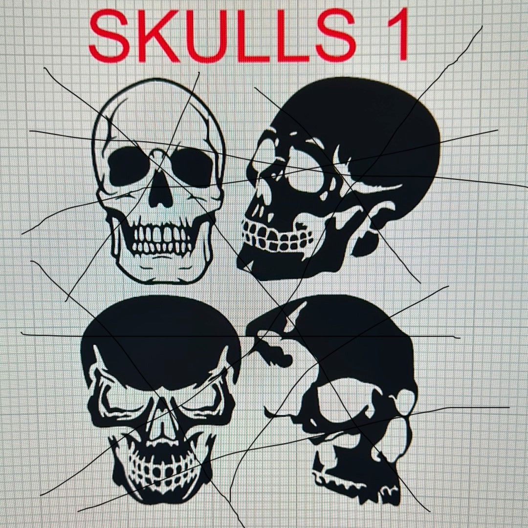 AIRBRUSH STENCILS 11x11” sheet , SKULLS #1 DESIGN , 4X, vinyl stick on ONLY, 6” each, bike tank