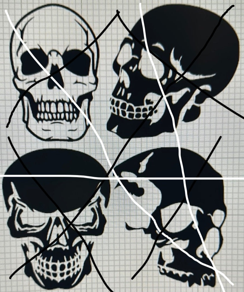 AIRBRUSH STENCILS 11x11” sheet , SKULLS #1 DESIGN , 4X, vinyl stick on ONLY, 6” each, bike tank