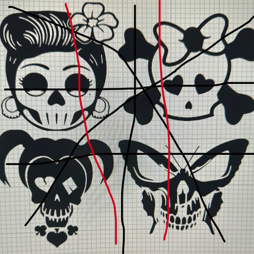 11x11” sheet , GIRL SKULLS #2 DESIGN , 4X, vinyl stick on ONLY