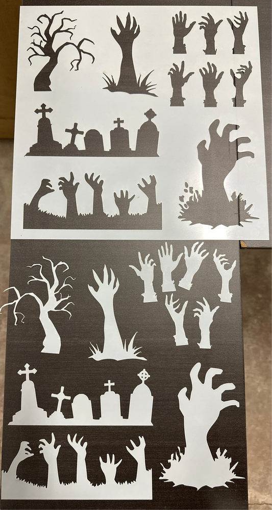 Graveyard & Hands SMALLER Horror themed Sheet + cutouts AIRBRUSH Paint STENCIL Mylar Reusable