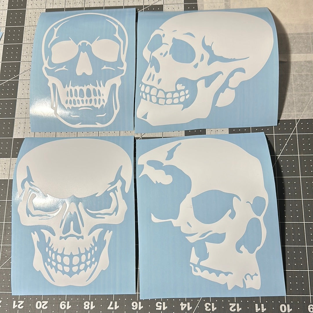 AIRBRUSH STENCILS 11x11” sheet , SKULLS #1 DESIGN , 4X, vinyl stick on ONLY, 6” each, bike tank