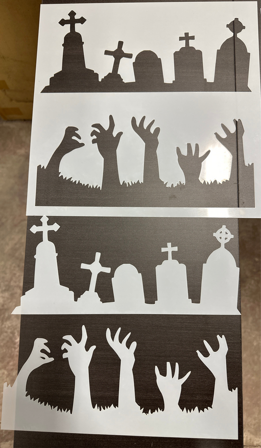 Graveyard & Hands Horror themed Sheet + cutouts AIRBRUSH Paint STENCIL Mylar Reusable