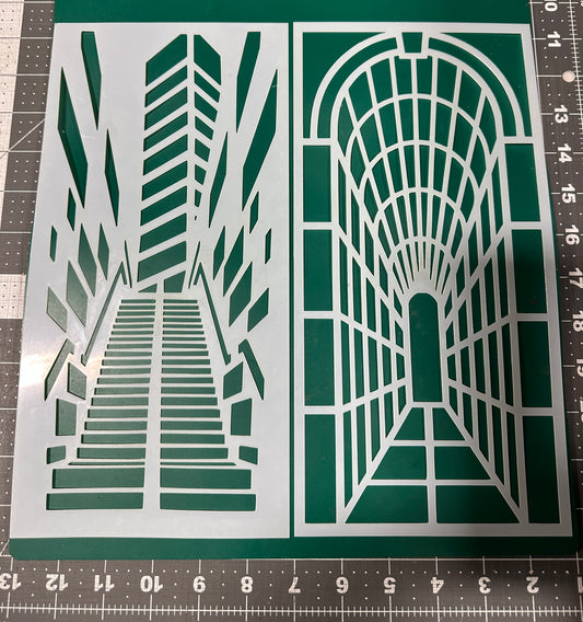 2pc 3D Hallways Ornamental airbrush Paint STENCIL Reusable