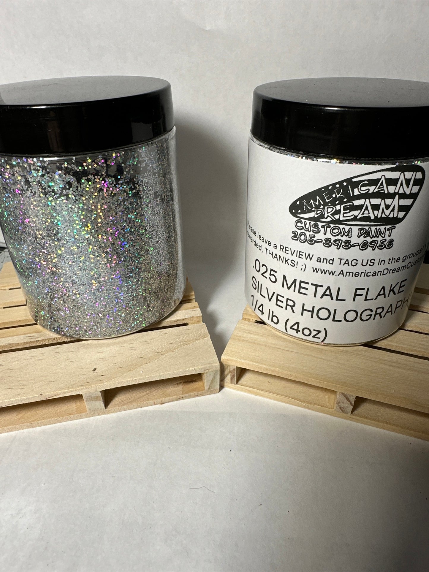 1 OZ TESTER SAMPLES OF ALL SIX METAL  FLAKE COLORS: SILVER, GOLD, & RED , & HOLOGRAPHIC 3X