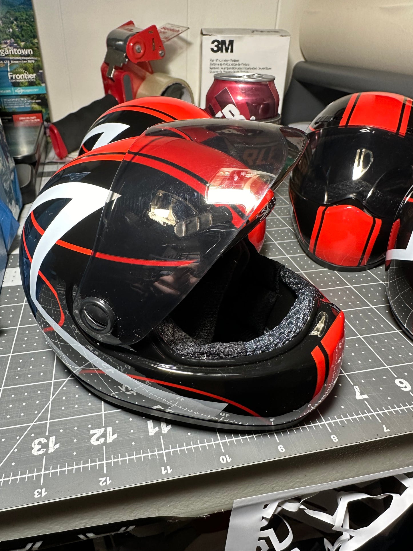 MINI HELMET FOR PETS , Full face, Paintable DISPLAY PIECE, red & black