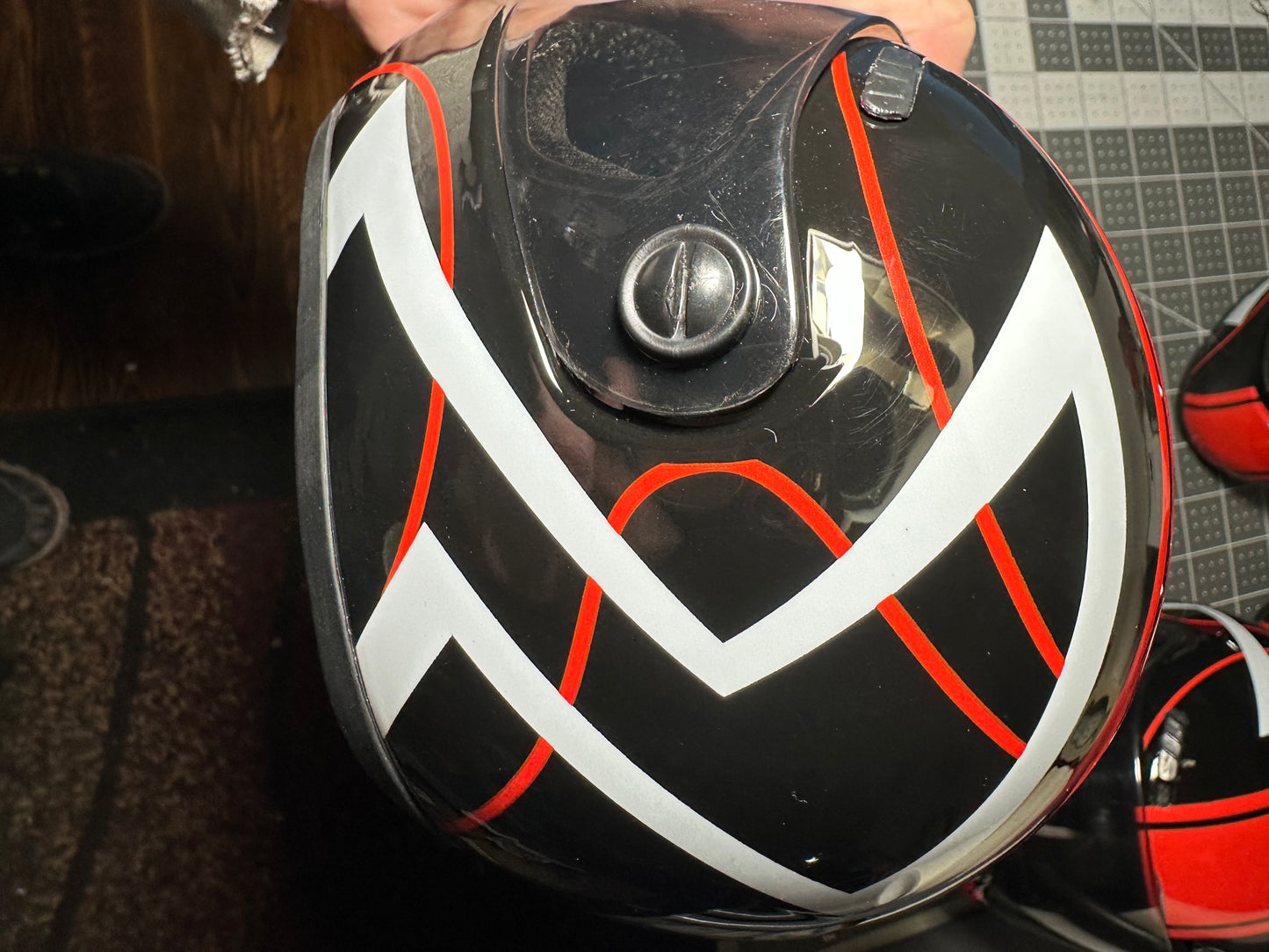 MINI HELMET FOR PETS , Full face, Paintable DISPLAY PIECE, red & black