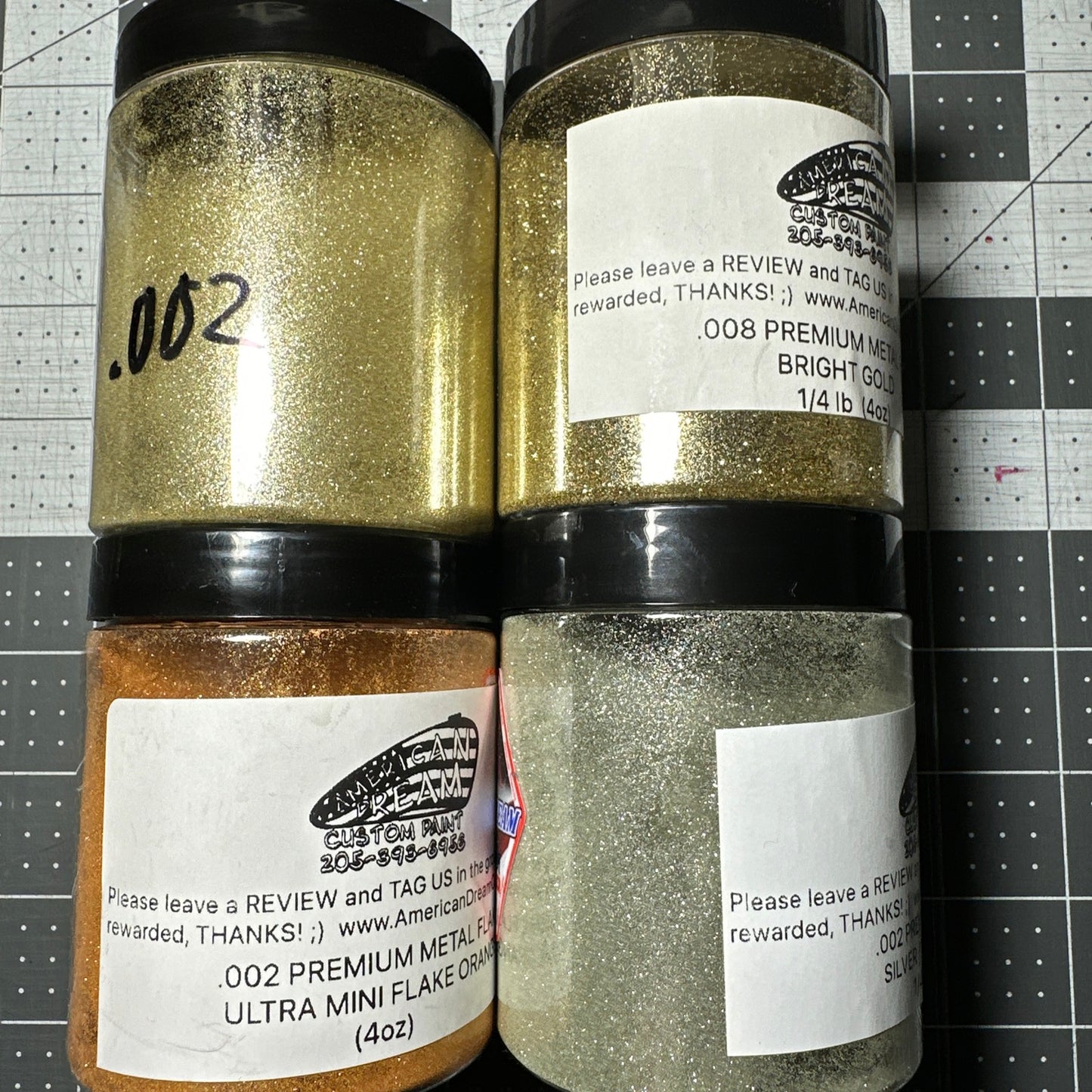 4 Jar ULTRA MINI Metal FLAKE Assortment 4oz each, .002” Orange, Gold ...