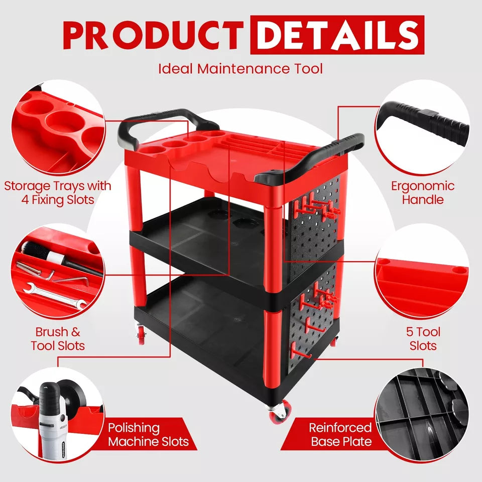 3 Tier ABS DETAILER buffer CART WITH PEGBOARD AND HOOKS INCLUDED