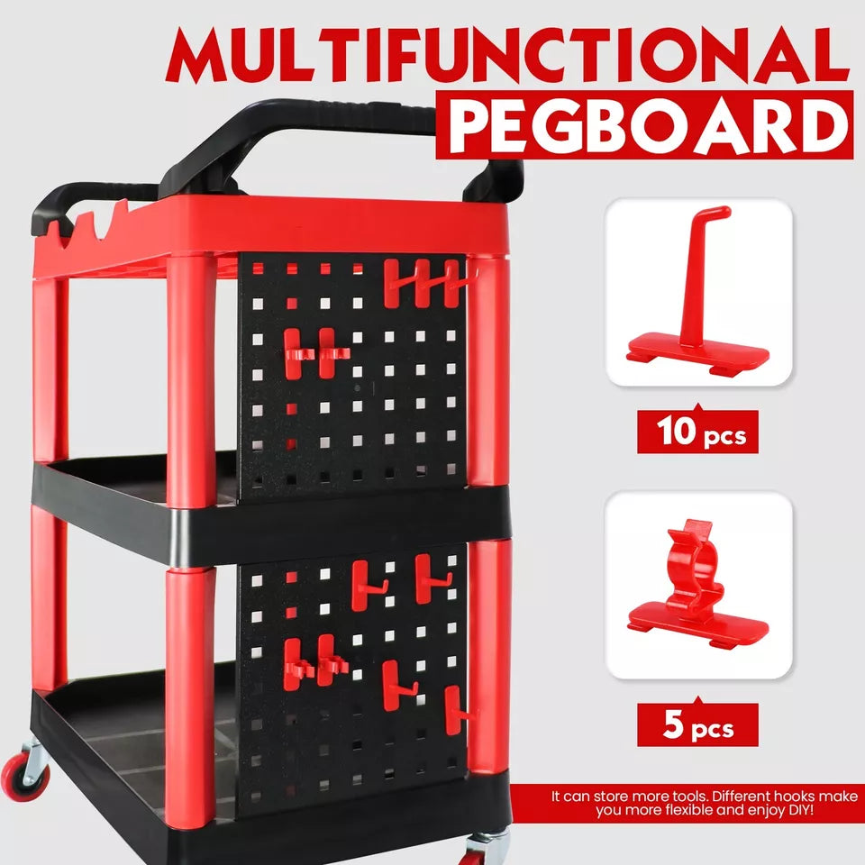 3 Tier ABS DETAILER buffer CART WITH PEGBOARD AND HOOKS INCLUDED