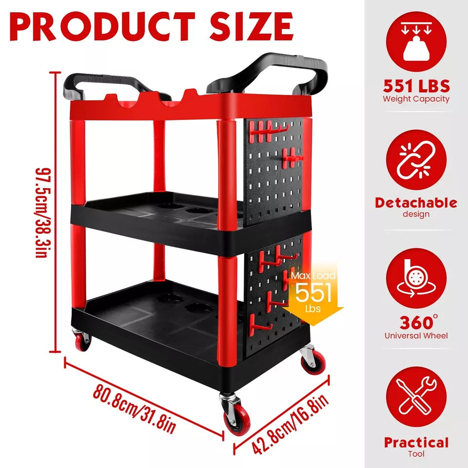 3 Tier ABS DETAILER buffer CART WITH PEGBOARD AND HOOKS INCLUDED